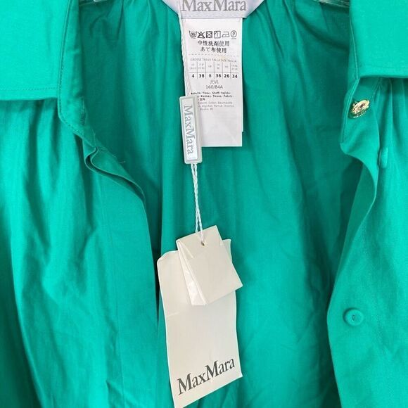 MaxMara Gigi Green 100% Cotton Button Down Tie Sleeve Shirt NWT Size US 4/Small - Picture 5 of 6